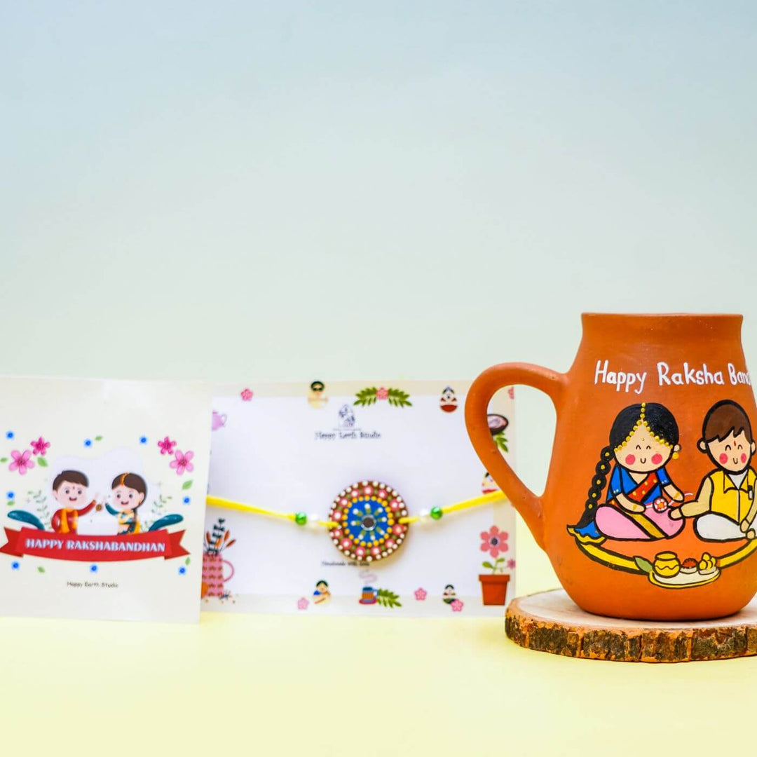 Handpainted Terracotta Rakhi & Mug Set with Roli Chawal