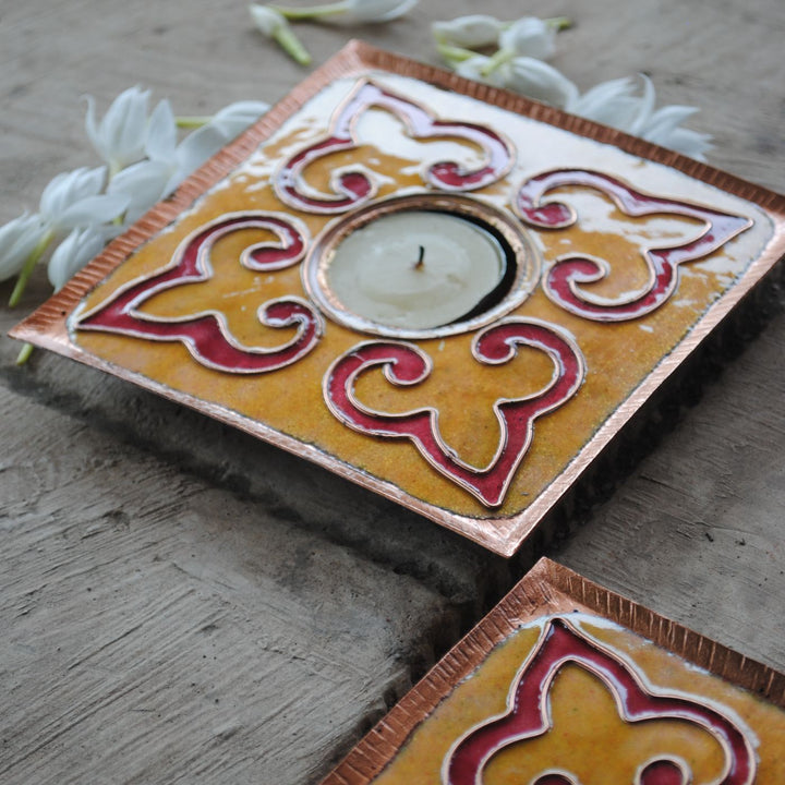 Copper Enamel Rangoli Tealight Holders I Set of 2
