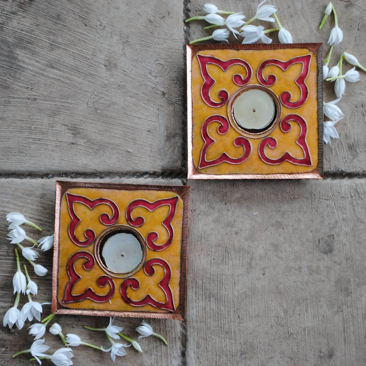 Copper Enamel Rangoli Tealight Holders I Set of 2
