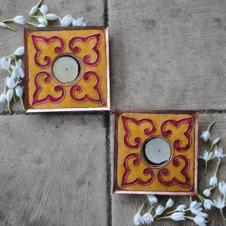 Copper Enamel Square Rangoli Tealight Holders I Set of 2