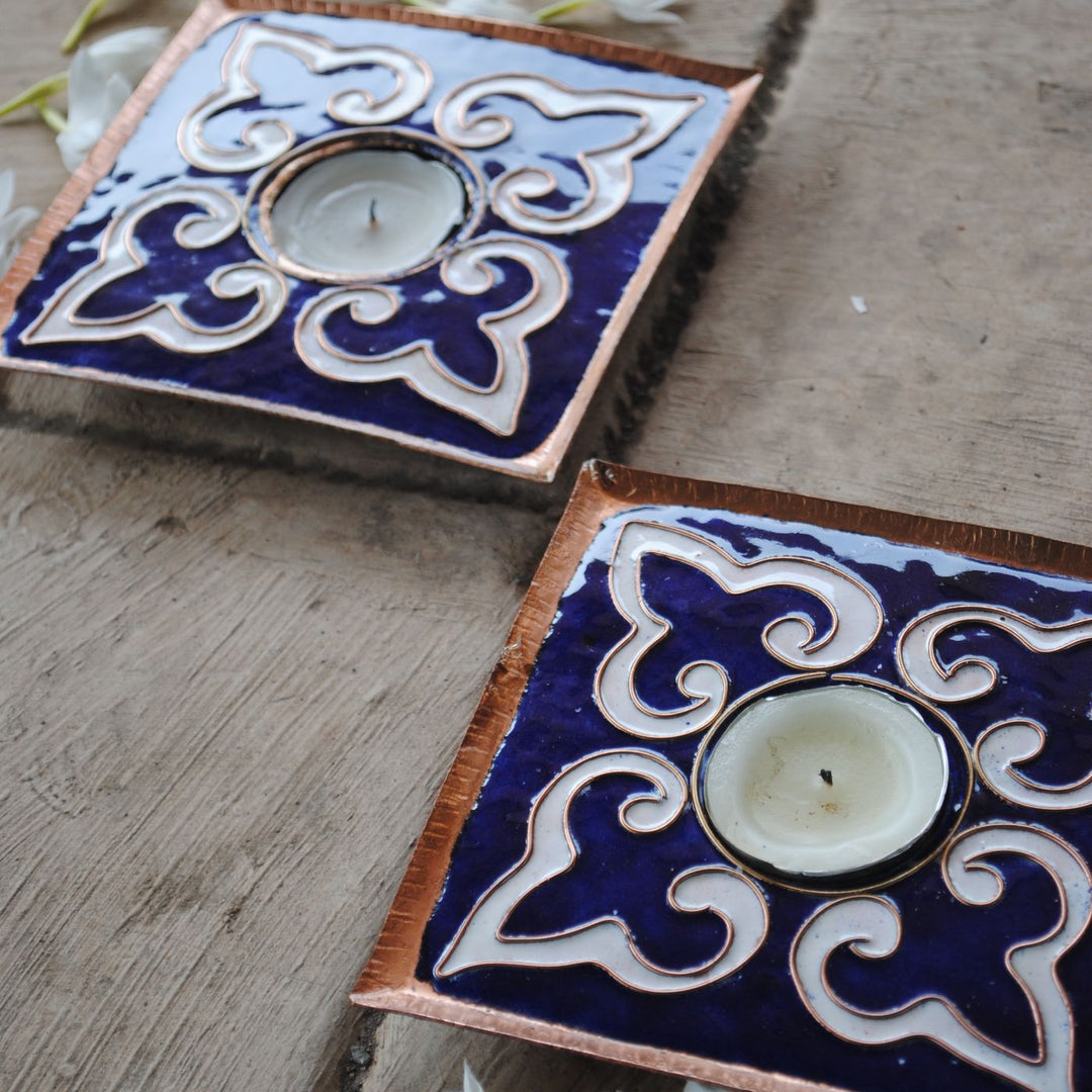 Copper Enamel Square Rangoli Tealight Holders I Set of 2