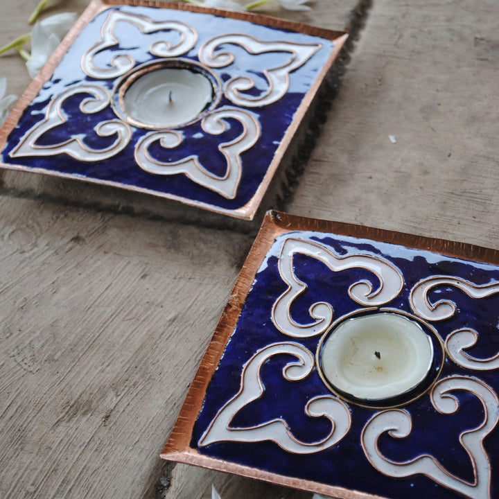Copper Enamel Square Rangoli Tealight Holders I Set of 2