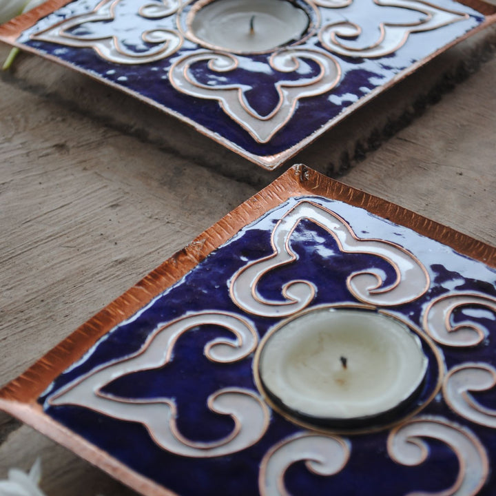 Copper Enamel Square Rangoli Tealight Holders I Set of 2