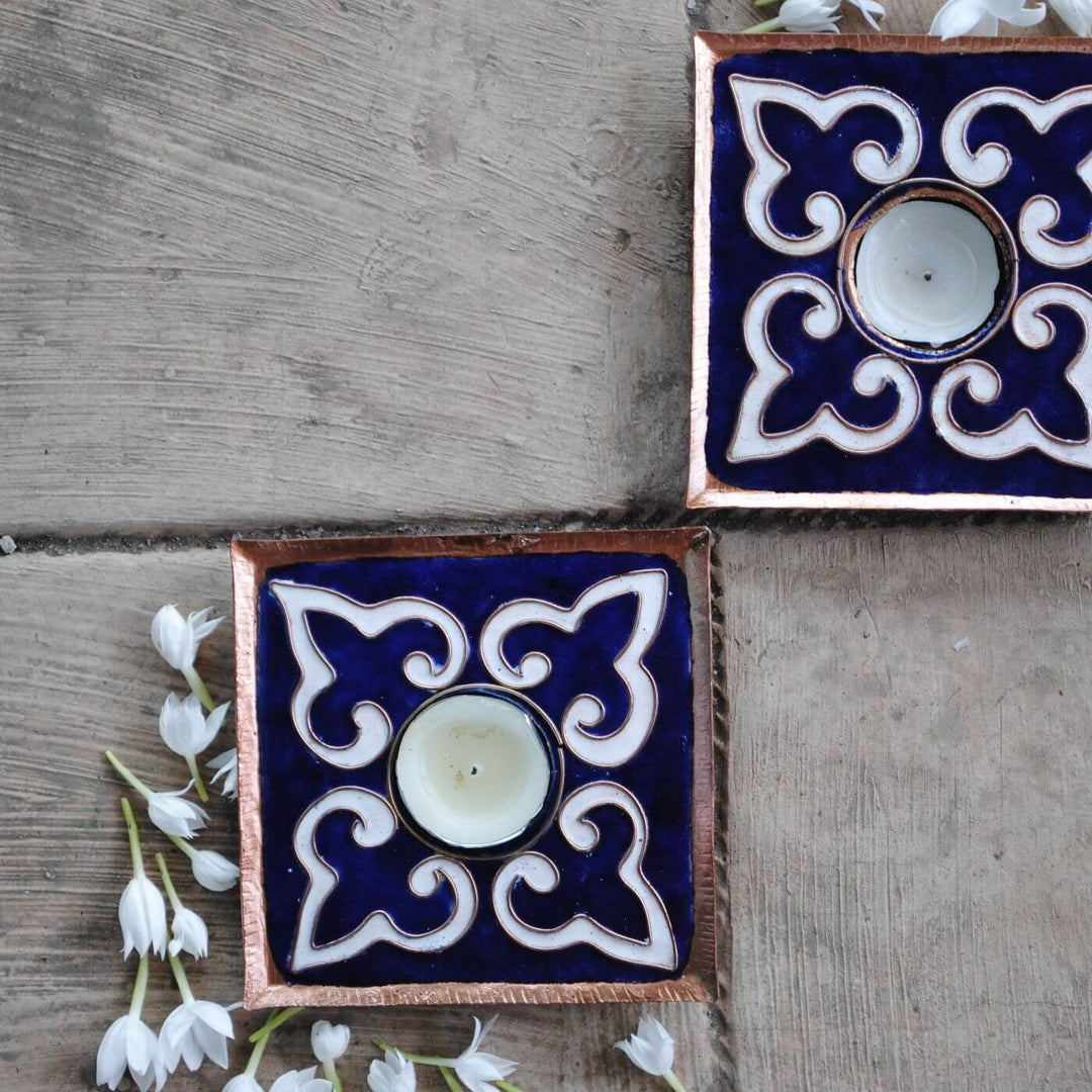 Copper Enamel Square Rangoli Tealight Holders I Set of 2