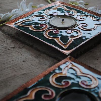 Copper Enamel Square Rangoli Tealight Holders I Set of 2