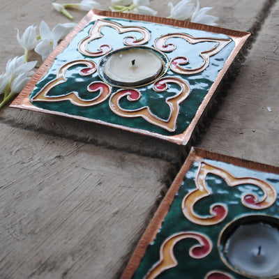 Copper Enamel Square Rangoli Tealight Holders I Set of 2