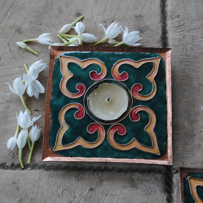 Copper Enamel Square Rangoli Tealight Holders I Set of 2