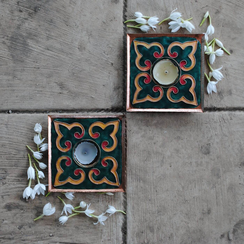 Copper Enamel Square Rangoli Tealight Holders I Set of 2