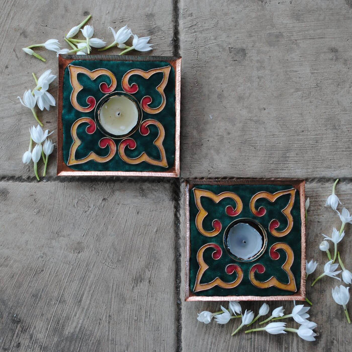 Copper Enamel Square Rangoli Tealight Holders I Set of 2