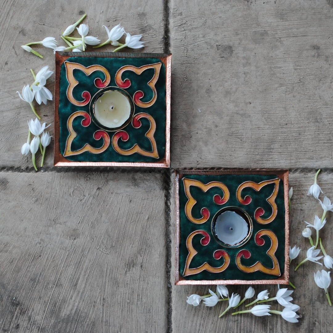 Copper Enamel Rangoli Tealight Holders I Set of 2