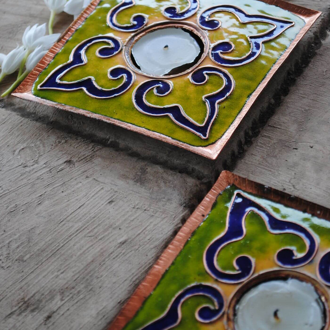 Copper Enamel Rangoli Tealight Holders I Set of 2