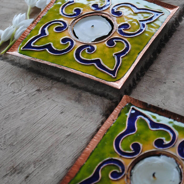 Copper Enamel Rangoli Tealight Holders I Set of 2