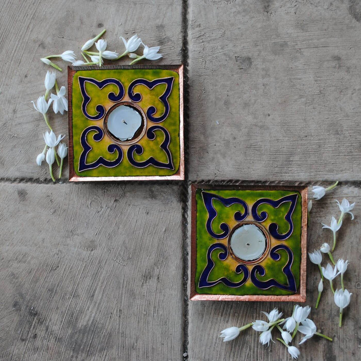 Copper Enamel Square Rangoli Tealight Holders I Set of 2