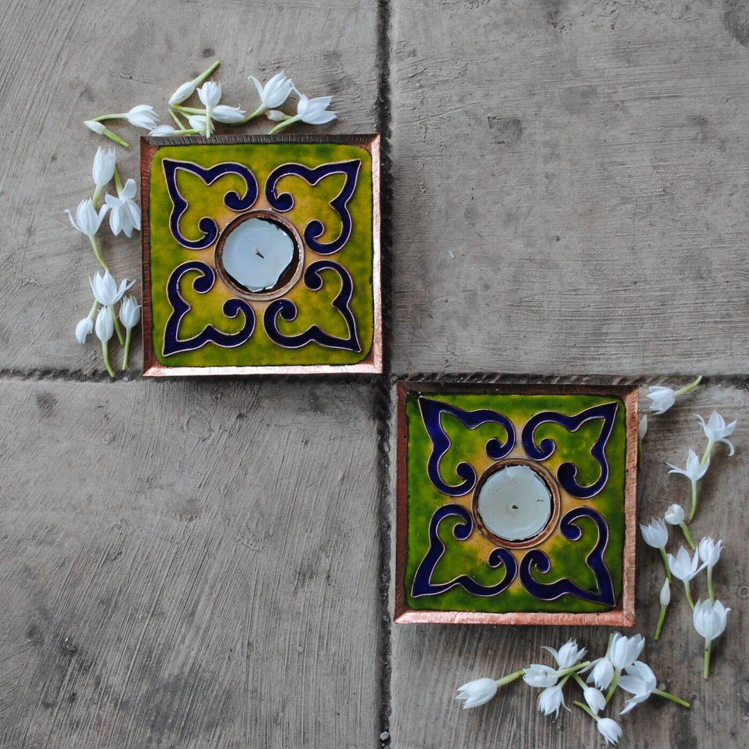 Copper Enamel Rangoli Tealight Holders I Set of 2