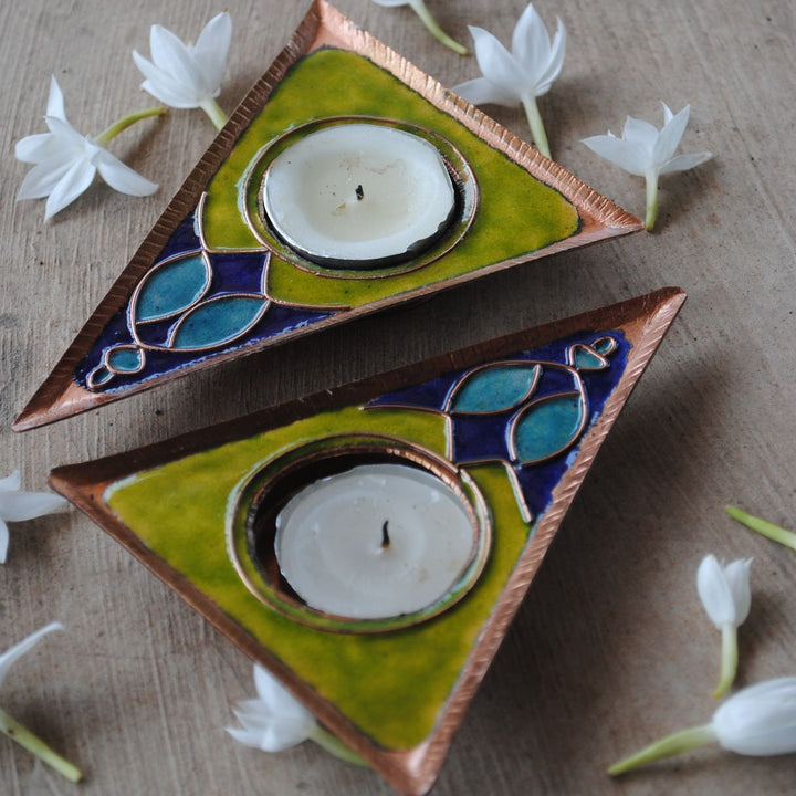Copper Enamel Triangle Rangoli Tealight Holders I Set of 2