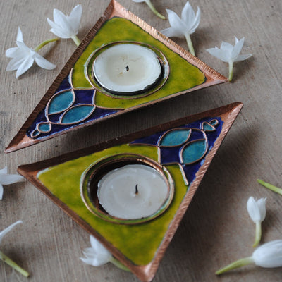 Copper Enamel Triangle Rangoli Tealight Holders I Set of 2