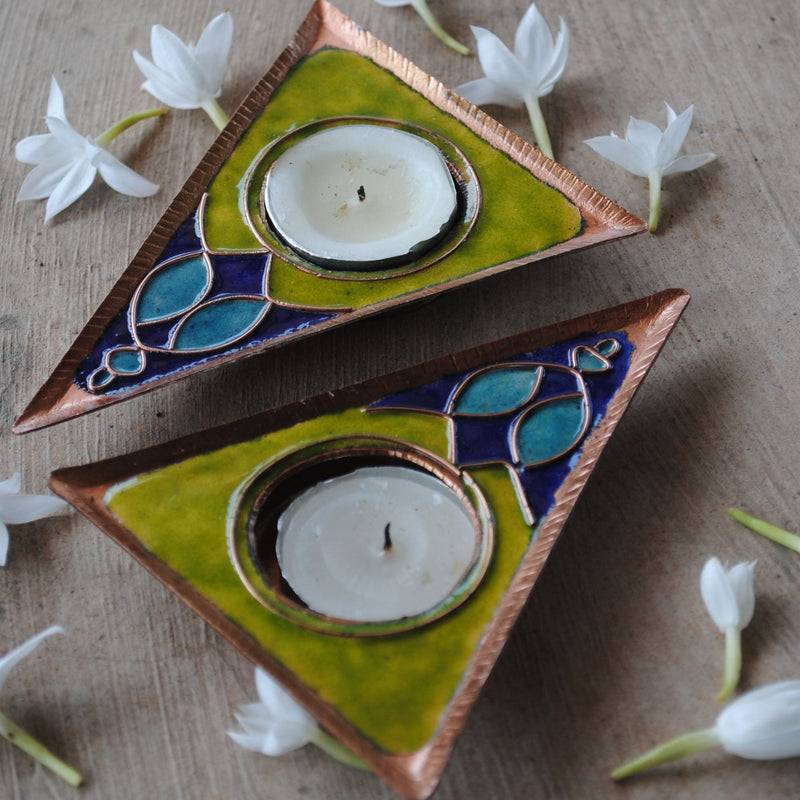 Copper Enamel Triangle Rangoli Tealight Holders I Set of 2