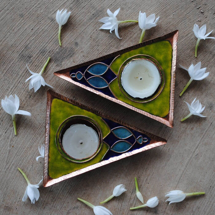 Copper Enamel Triangle Rangoli Tealight Holders I Set of 2