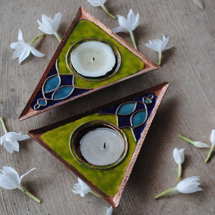 Copper Enamel Triangle Rangoli Tealight Holders I Set of 2