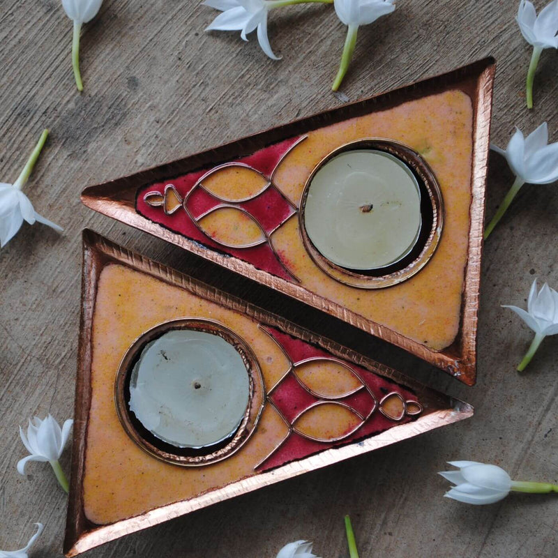 Copper Enamel Triangle Rangoli Tealight Holders I Set of 2