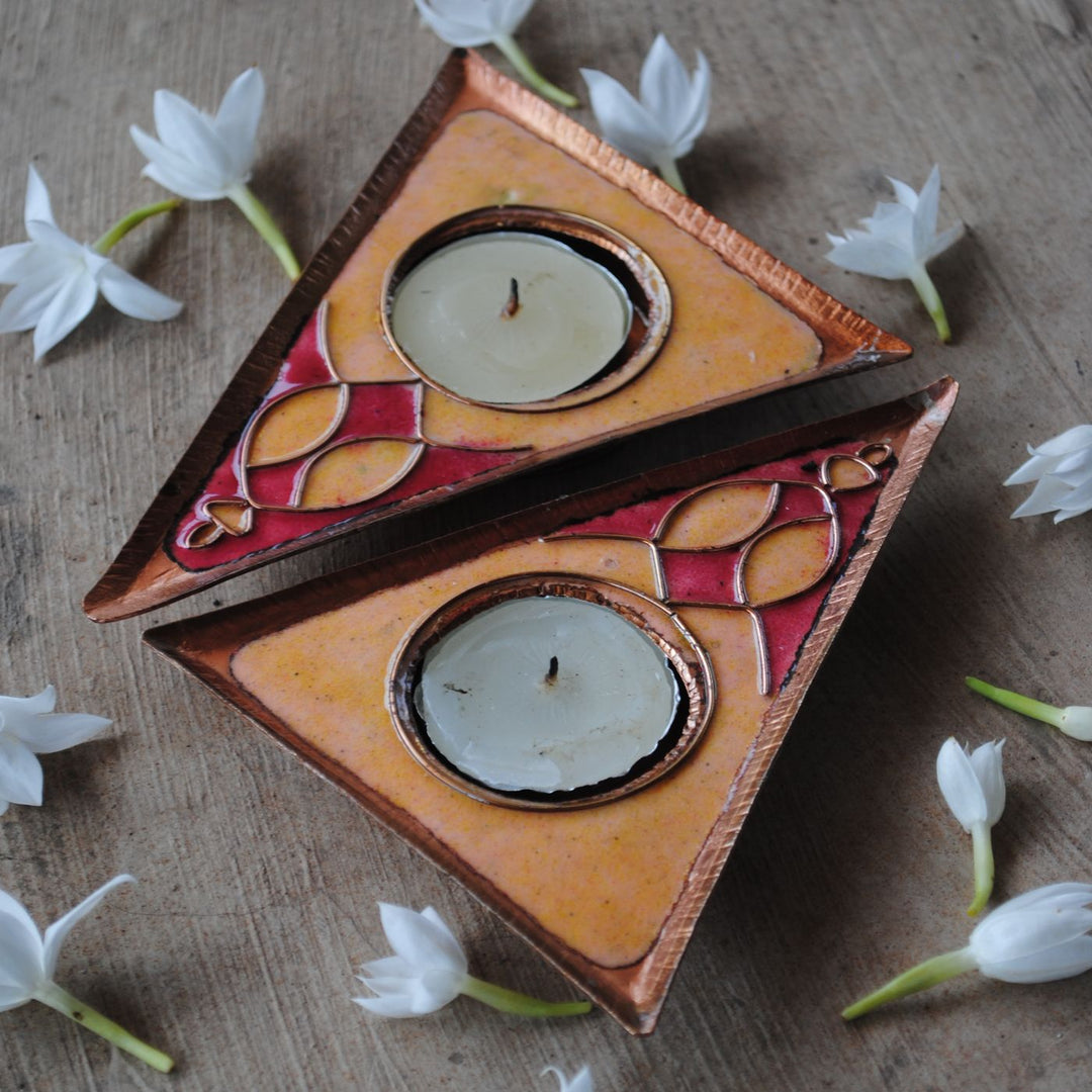 Copper Enamel Triangle Rangoli Tealight Holders I Set of 2