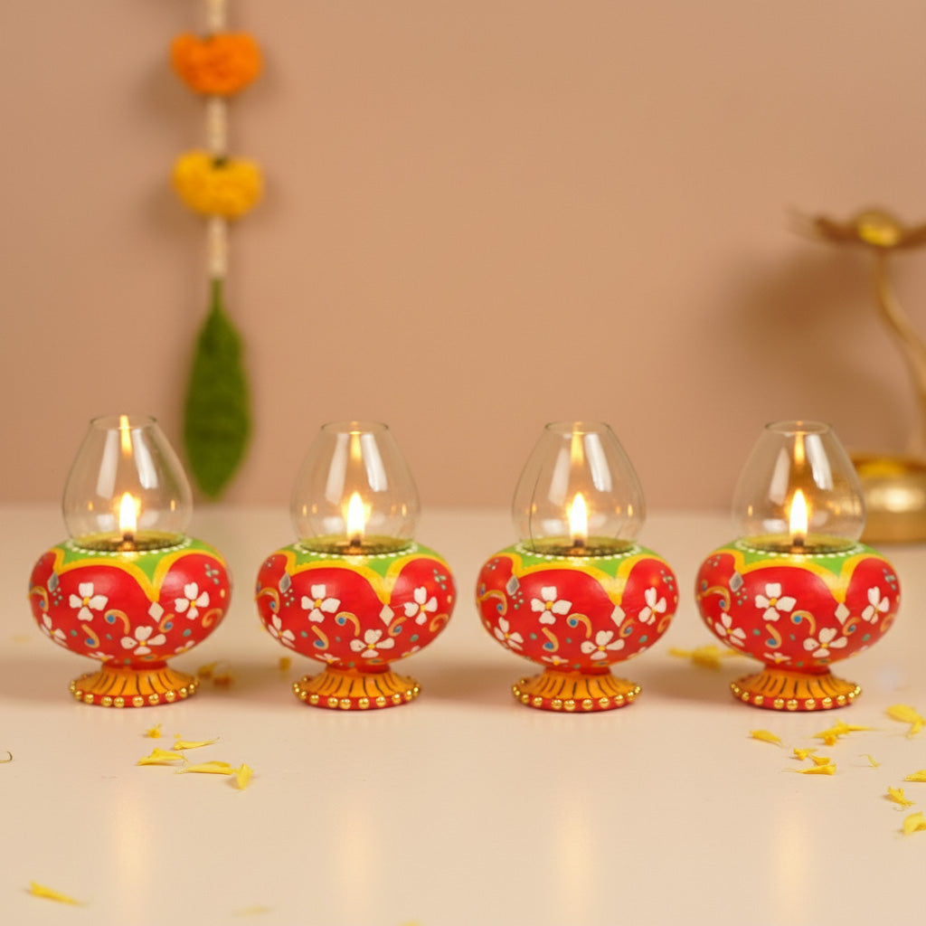 Hand-Painted Decorative Floral Terracotta Oil Lamp / Diya