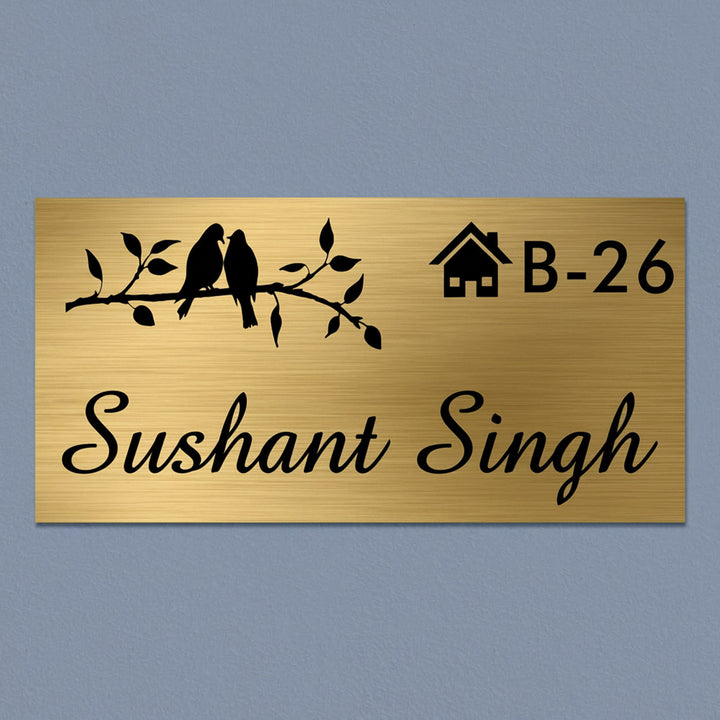Birds Engraved Personalized Golden Metal Name Plate | Rectangular, Outdoor, Weather Proof