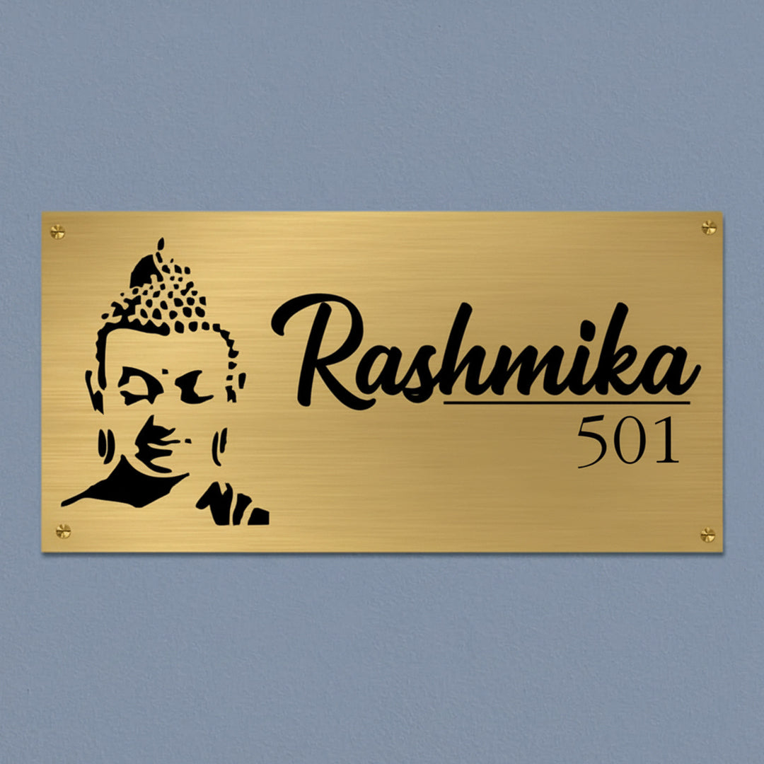 Buddha Engraved Personalized Golden Metal Name Plate | Rectangular, Outdoor, Weather Proof