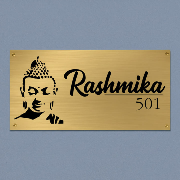 Buddha Engraved Personalized Golden Metal Name Plate | Rectangular, Outdoor, Weather Proof