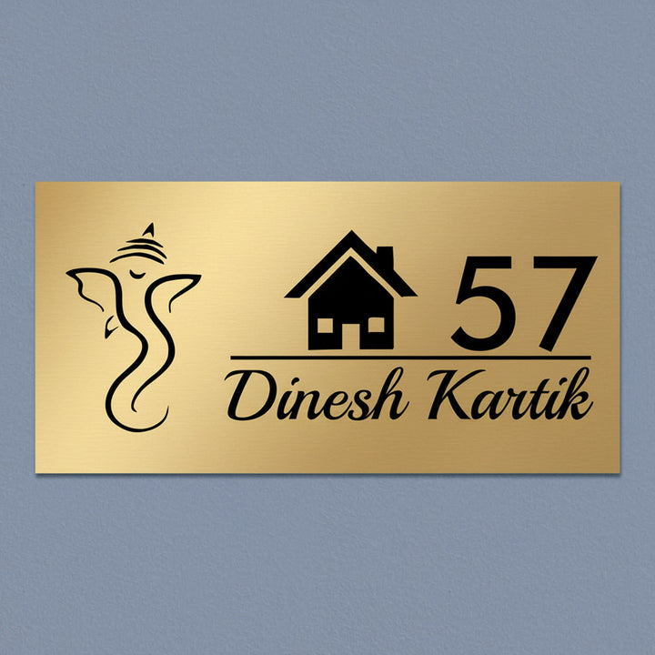Ganesha & House Engraved Personalized Golden Metal Name Plate | Rectangular, Outdoor, Weather Proof
