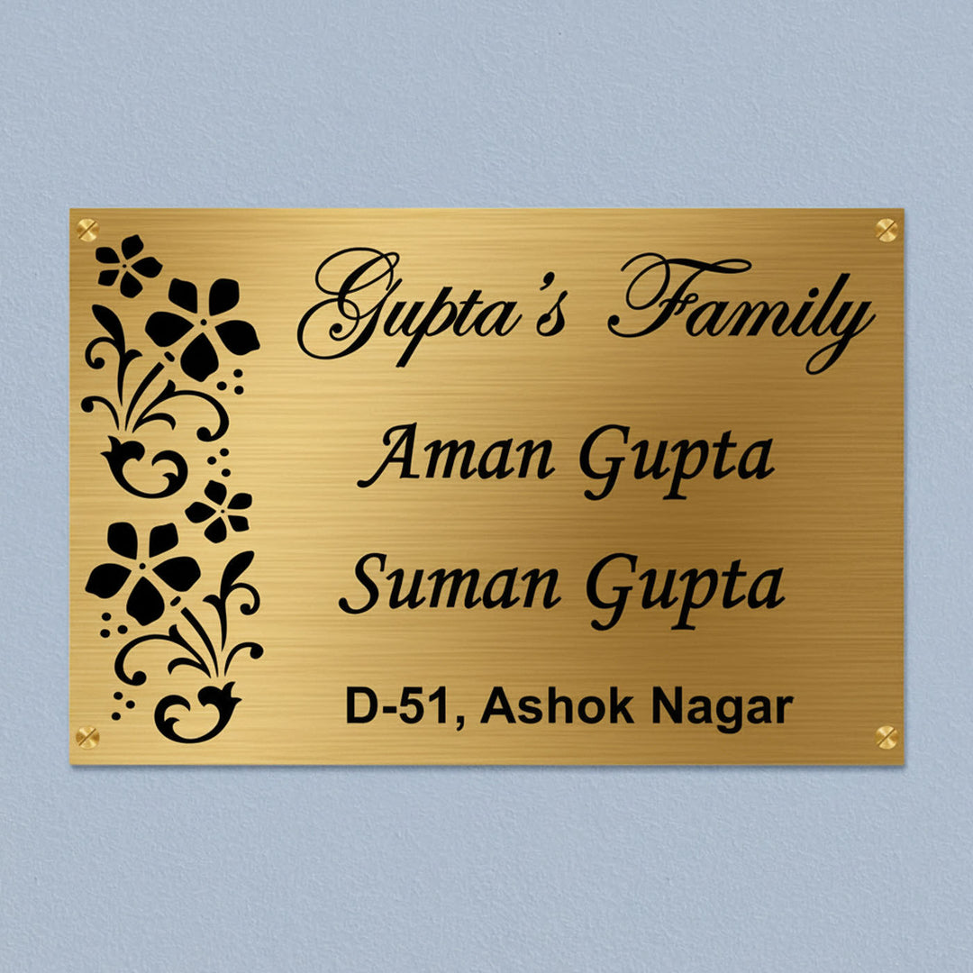 Floral Engraved Personalized Golden Metal Name Plate | Rectangular, Outdoor, Weather Proof