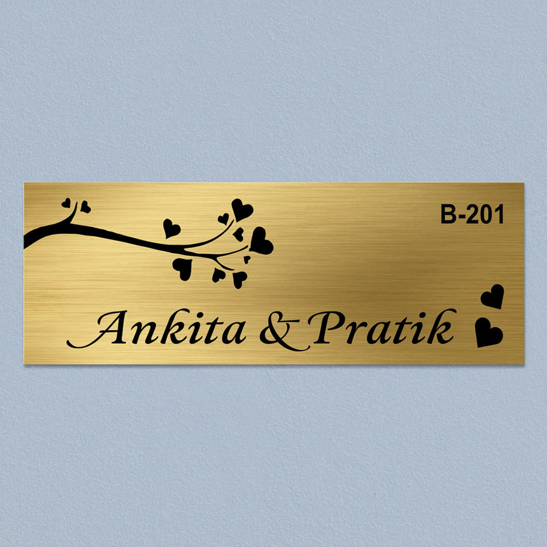 Love Engraved Personalized Golden Metal Name Plate | Rectangular, Outdoor, Weather Proof