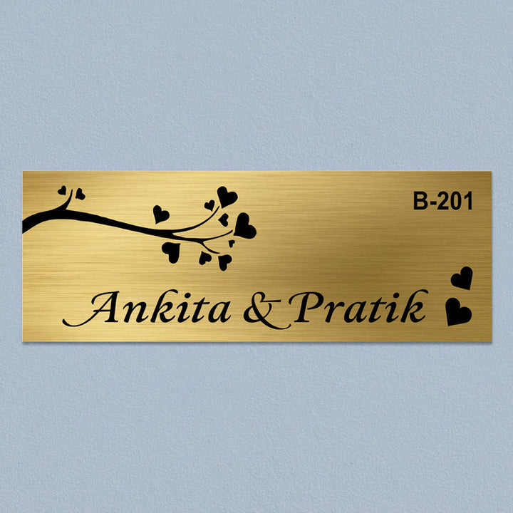 Love Engraved Personalized Golden Metal Name Plate | Rectangular, Outdoor, Weather Proof