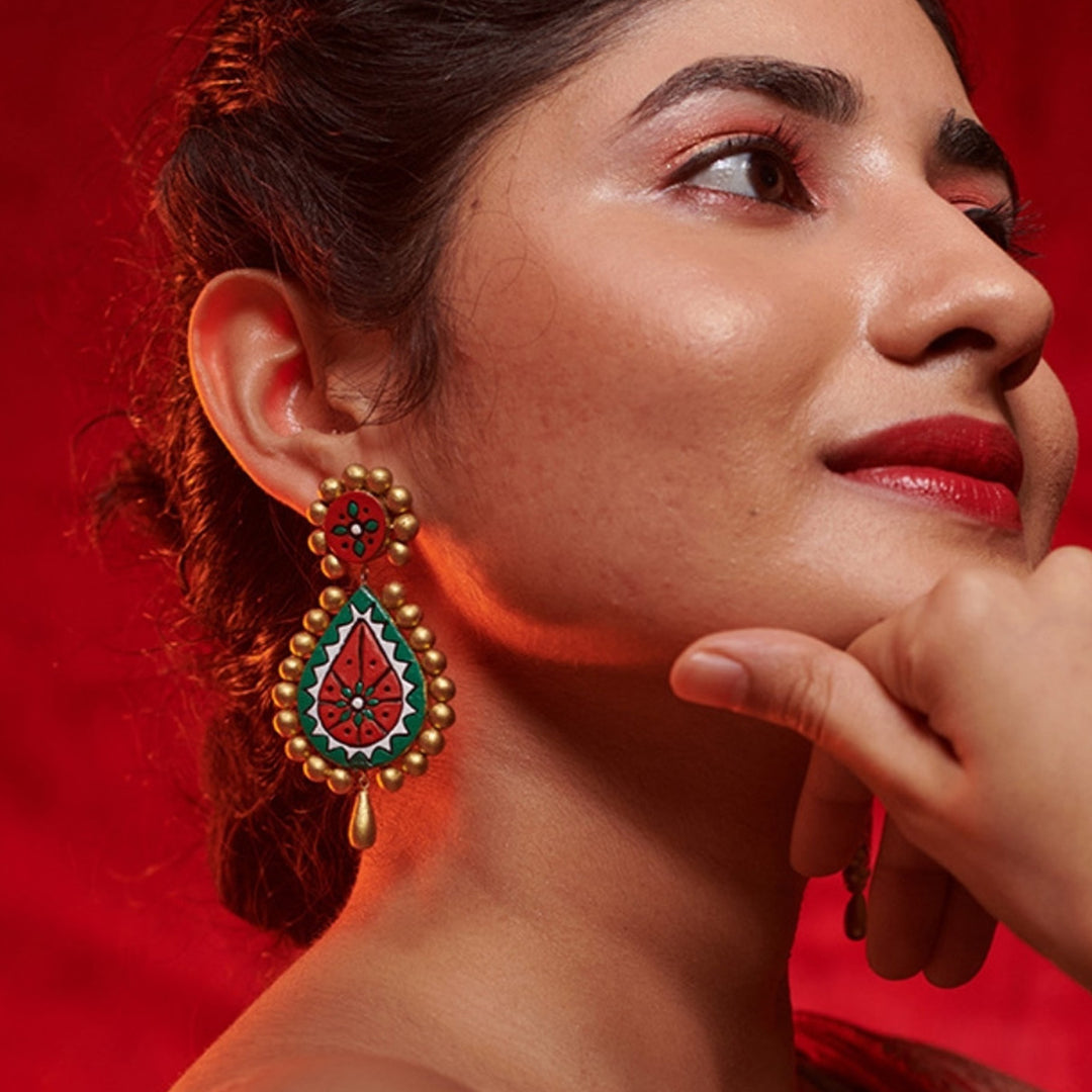 Handmade Red & Green Meenakari Terracotta Earrings