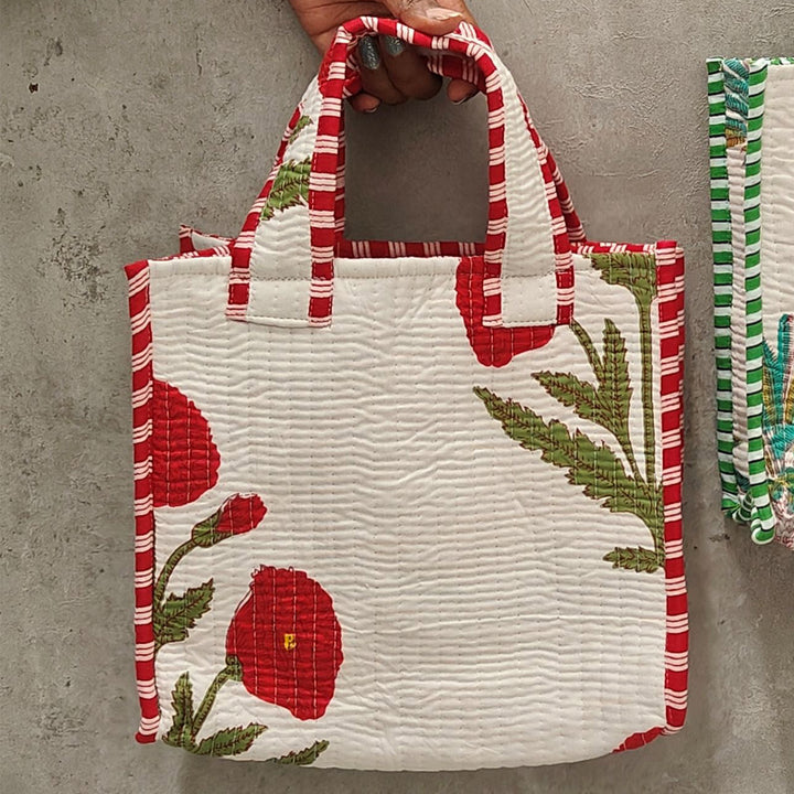 Hand Block Printed Red Poppy Cotton Tote Bag