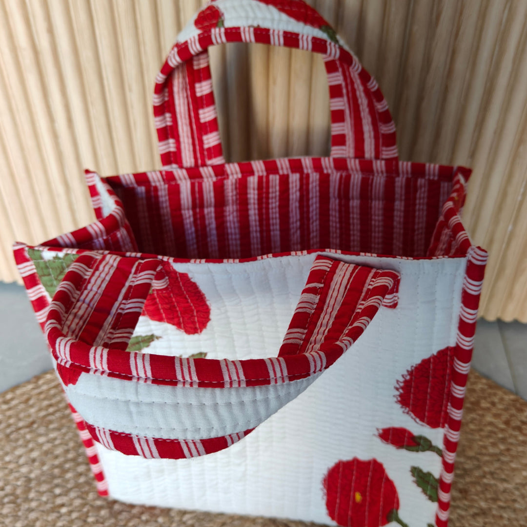 Hand Block Printed Red Poppy Cotton Tote Bag