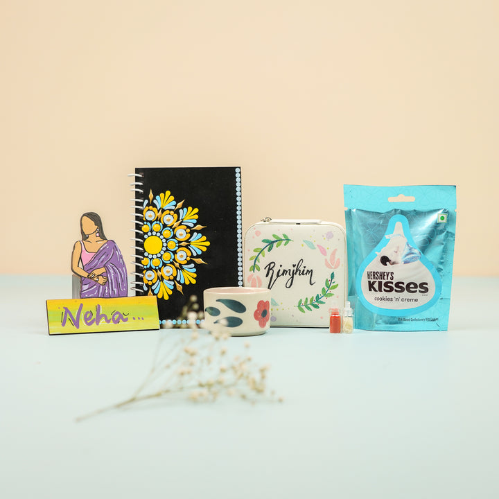 Personalized Handmade Gift Hamper For Sisters Includes 1 Jewellery Box 1 Diary 1 Mug 1 Fridge Magnet And 1 Chocolate - Multiple Products Alternative Front View