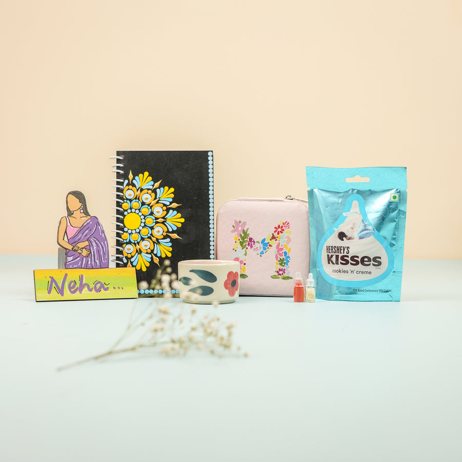Personalized Handmade Gift Hamper For Sisters Includes 1 Jewellery Box 1 Diary 1 Mug 1 Fridge Magnet And 1 Chocolate - Multiple Products Front View
