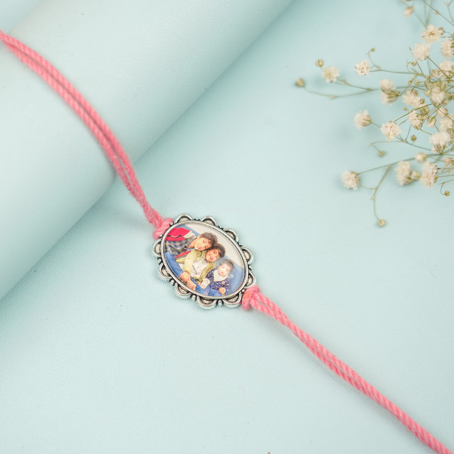 Photo Personalized Handmade Oval Antique Silver Rakhi With Roli Chawal - Photo Frame Bracelet Close-up