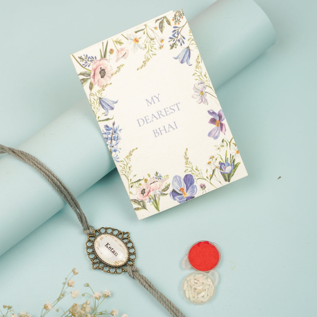 Photo Personalized Handmade Oval Antique Bronze Rakhi With Roli Chawal Copy - Gift Set with Card and Accessories