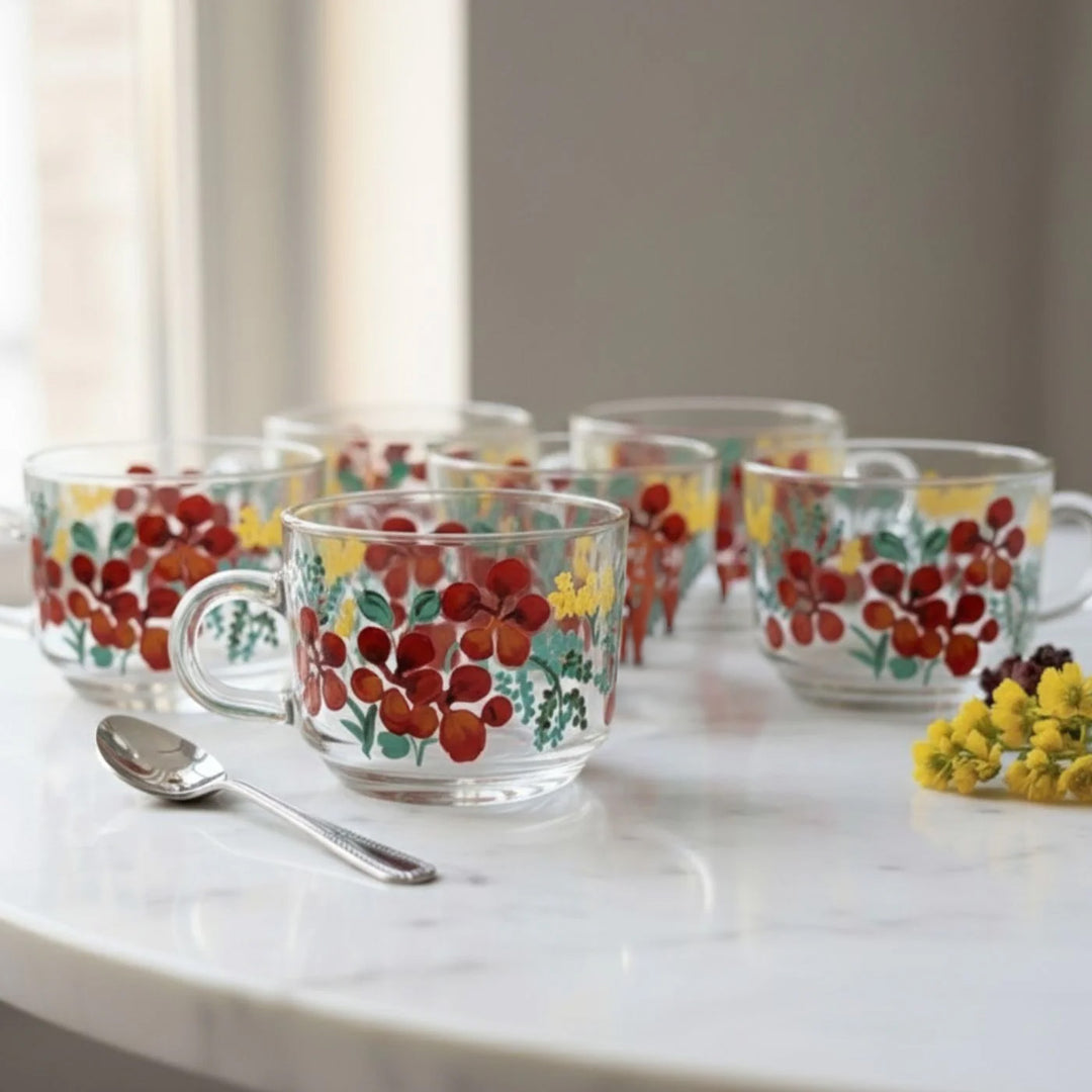 Hand-Painted Floral Gulmohar Glass Tea Cups