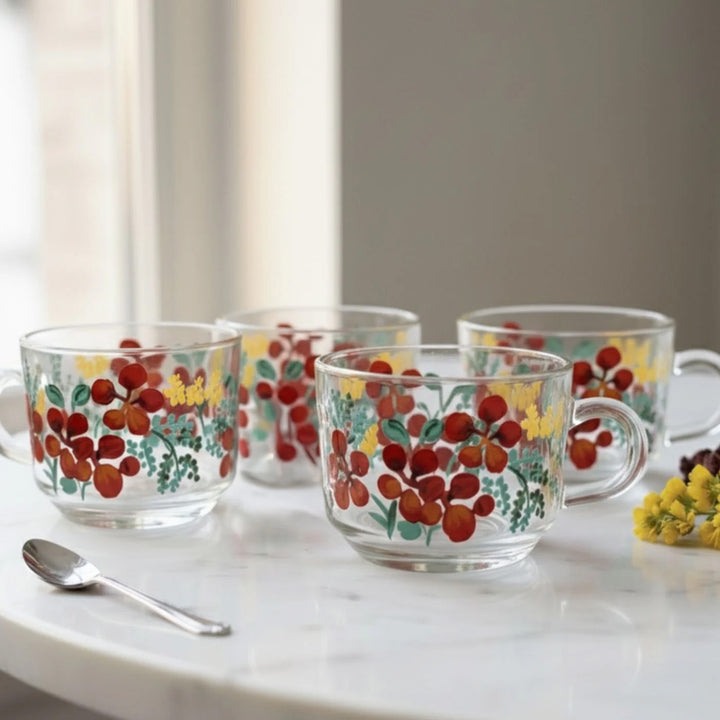 Hand-Painted Floral Gulmohar Glass Tea Cups