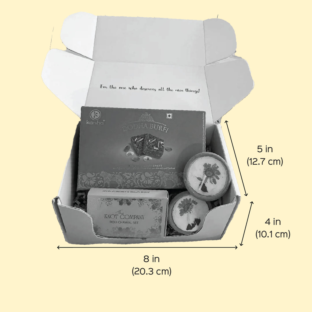 Mitti & Mithaas Diwali Gift Hamper | Includes 2 Terracotta Diyas, 1 Dodha Barfi, 1 Tilak Set, 1 Gift Box