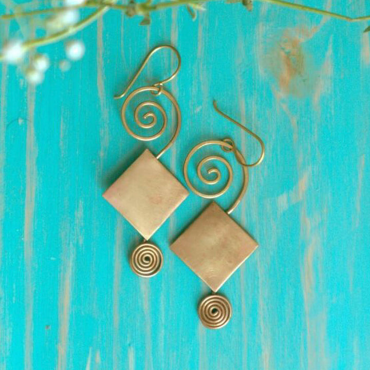 Modern Rhombus Spiral Brass Earrings