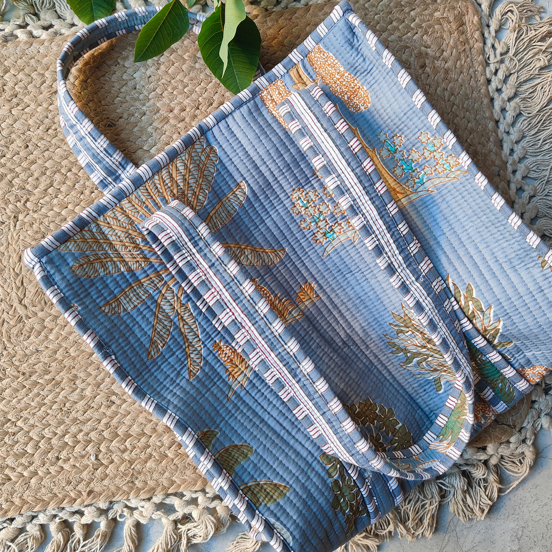 Handmade Grey Sky Palm Cotton Tote Bag