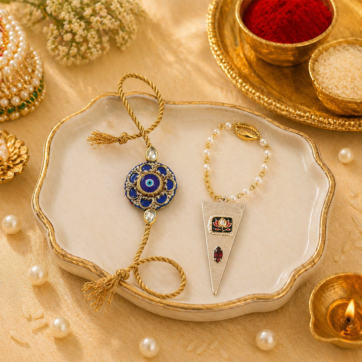 Royal Pink Lotus Pearl Lumba Bracelet Rakhi Set With Roli Chawal For Bhaiya And Bhabhi