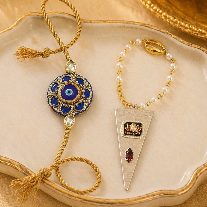 Royal Pink Lotus Pearl Lumba Bracelet Rakhi Set With Roli Chawal For Bhaiya And Bhabhi