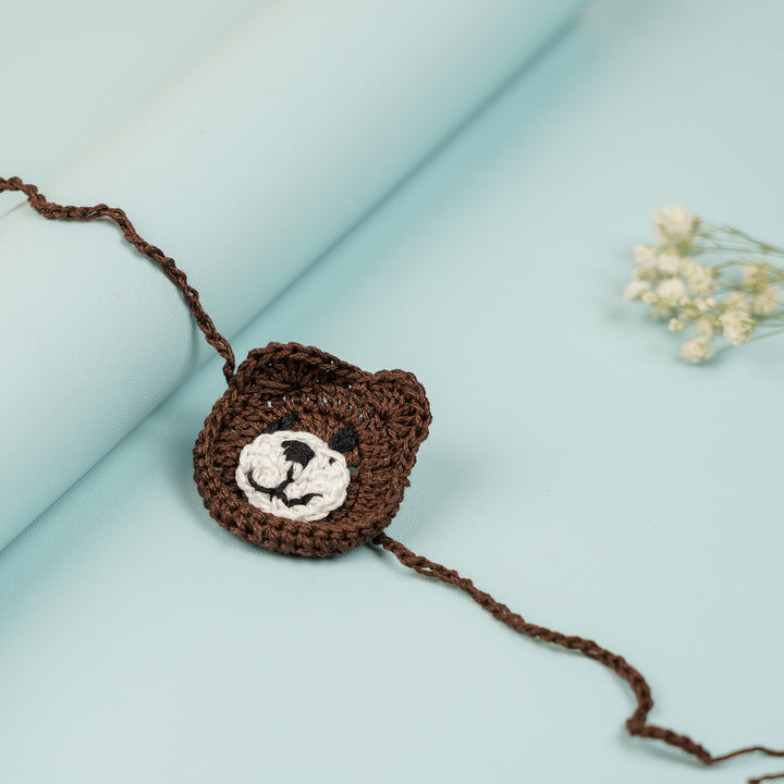 Handmade Crochet Bear Kids Rakhi With Roli Chawal - Close-up Front View (4)