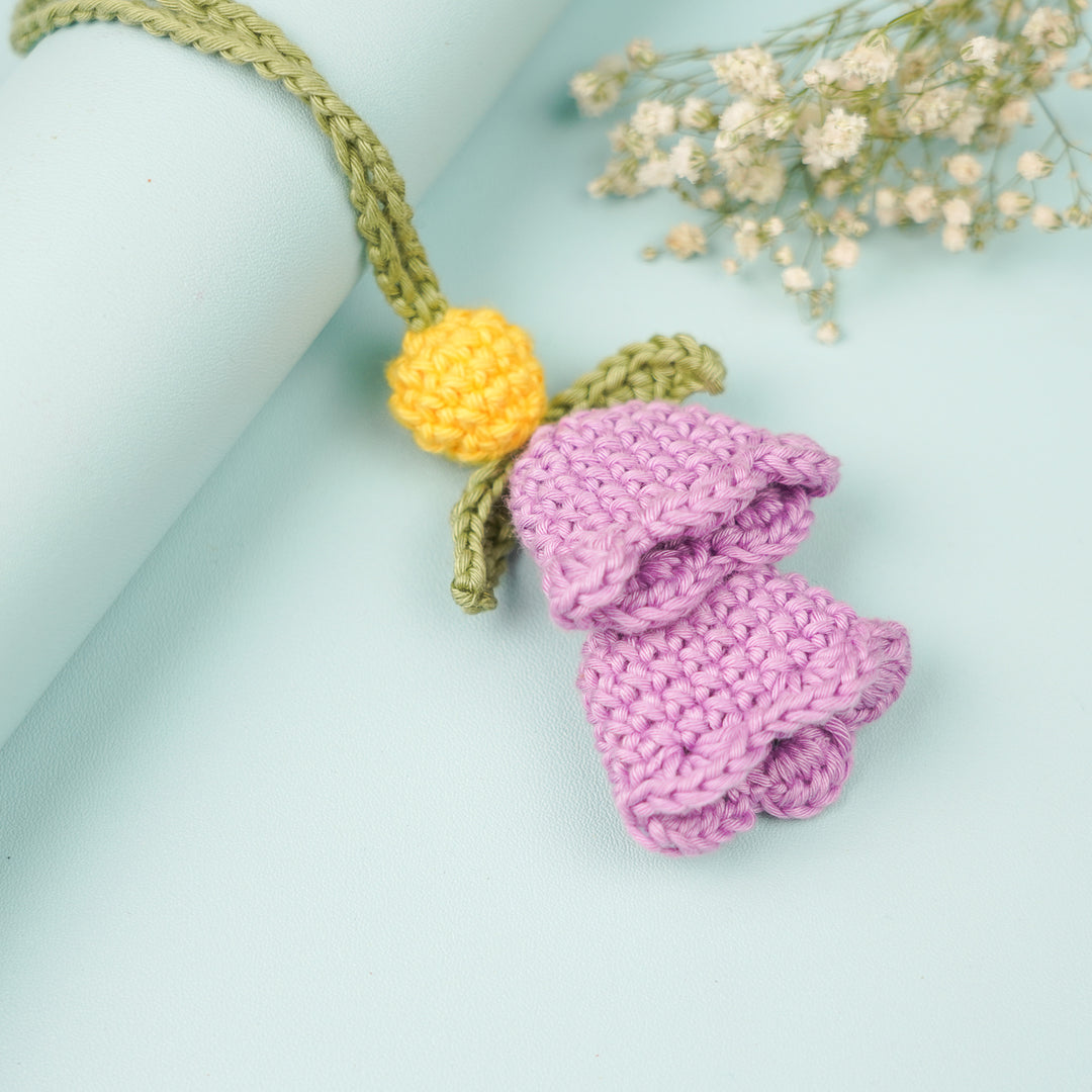Handmade Crochet Tulip Lumba Rakhi For Bhabhi With Roli Chawal - Close-up Front View