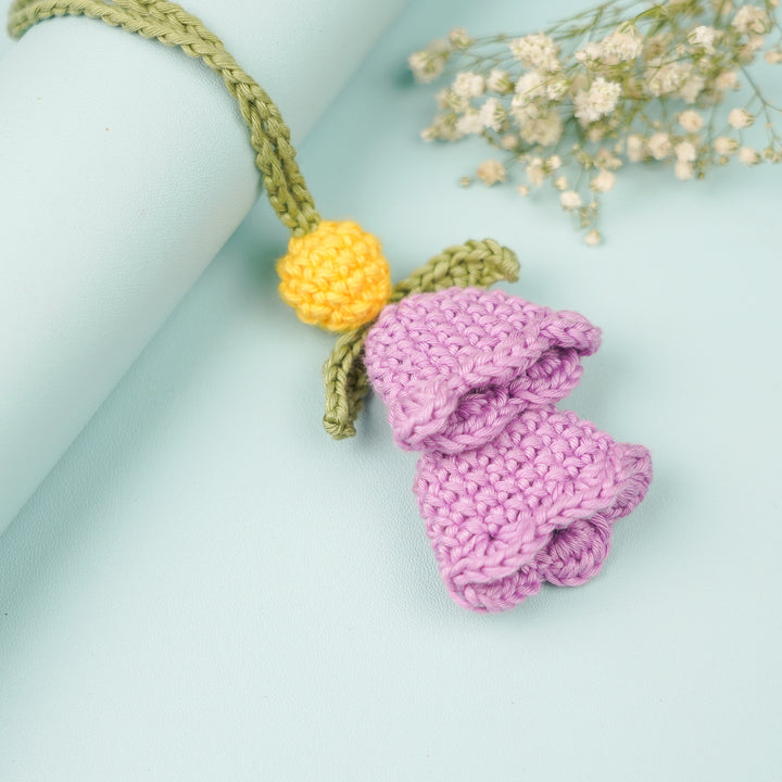 Handmade Crochet Tulip Lumba Rakhi For Bhabhi With Roli Chawal - Close-up Front View
